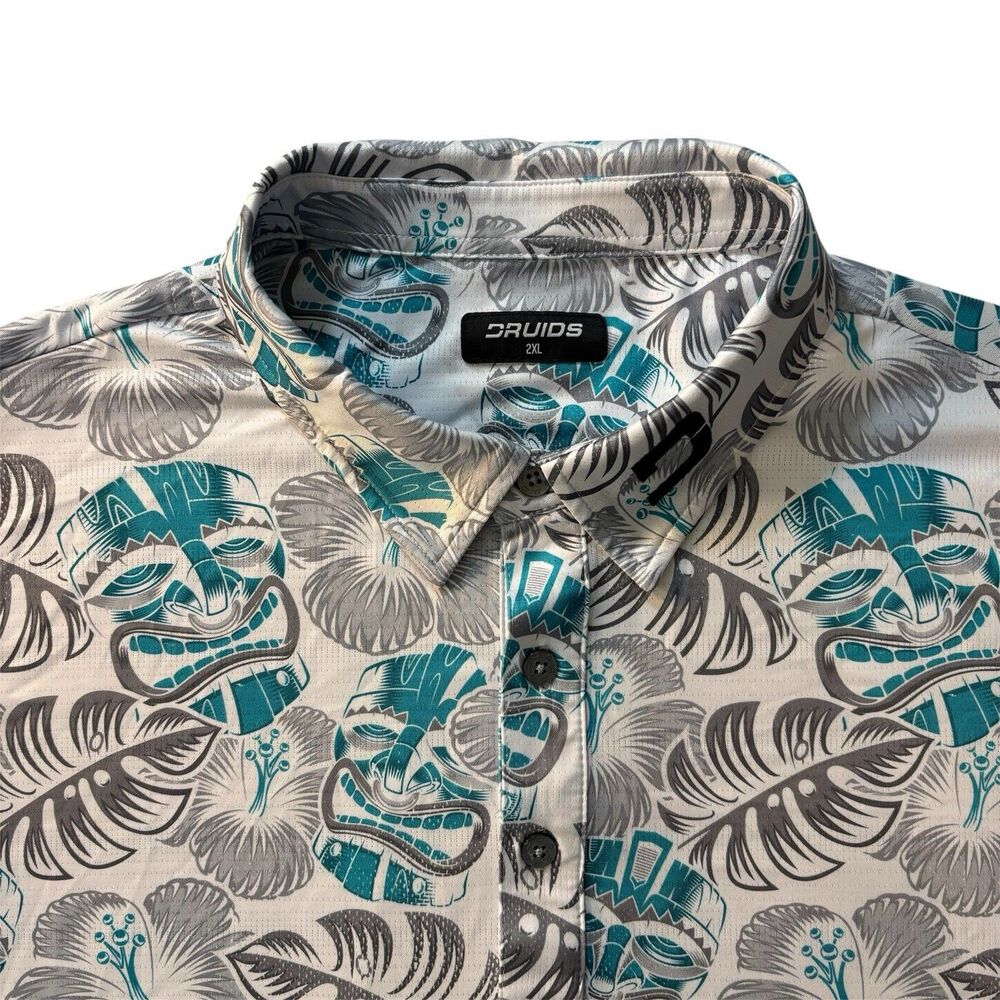 Druids Golf Polo Mens 2XL Gray & Teal Hawaiian Tiki Floral Pattern Performance